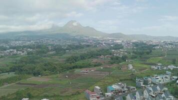 A Stunning Aerial View of Lush Green Fields Surrounding Majestic Mountain Scenery video