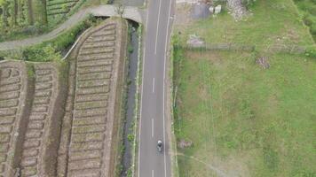 A Serene Aerial View of Agricultural Fields and a Winding Road Surrounded by Nature's Beauty video