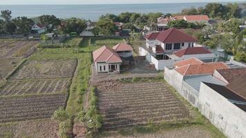 Aerial View of Coastal Residential Area Surrounded by Fields and Ocean in Background video