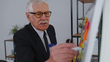 Elderly old business man coach conference speaker analyzing infographics draw on office whiteboard video