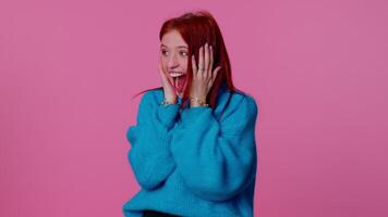Girl wish for good luck and becoming surprised about sudden dream come true, waiting lottery winning video