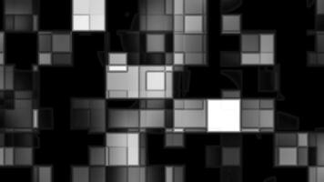 Abstract grayscale mosaic, Pixelated squares, shades of grey, black background, digital art, geometric pattern, modern design, monochrome texture video