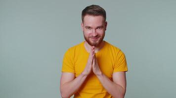 Sneaky cunning man with tricky face scheming evil plan, thinking over villain idea, jokes, pranks video