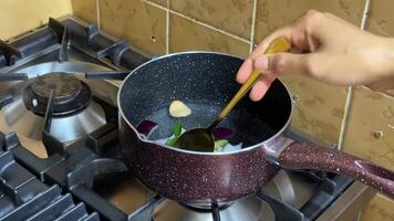 A person of South Asian descent stirs aromatic spices in a pot on a stove, evoking home cooking, tradition, and Diwali preparation video