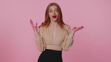 Girl raising hands in indignant expression asking why what reason of failure demonstrating disbelief video