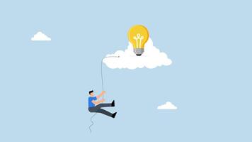 Creative idea, 4k animation of creative man climbing rope to upper cloud to find light bulb idea. video