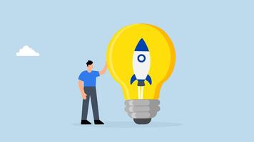 Entrepreneurship, 4k animation of businessman startup owner standing in light bulb with innovation rocket. video