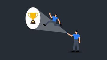 managers support employees to find success careers, 4k animation of boss use flashlight to light the way and help achieve success trophies. video