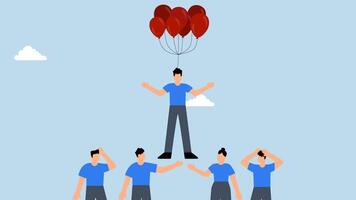Innovation skill to different from others, 4k animation of Businessman flying above other competitors with balloon. video