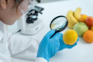 Scientist use magnify glass to check physical occur from chemical on fruit and vegetable residues in laboratory. inspect the concentration of chemical residues, find prohibited substances photo