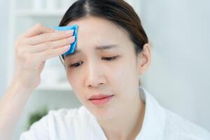 Oily problem, Woman worried about face Dermatology, large pores, uneven face, sensitive skin, red face from sunburn, acne, dry skin, large pores ,rash face, dull, freckles, wrinkle, skin problem photo