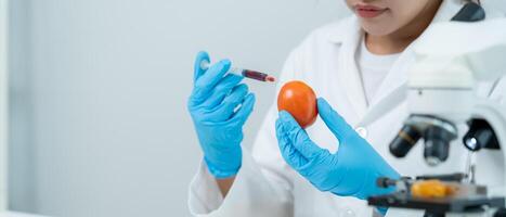 Scientist check chemical food residues in laboratory. Control experts inspect quality of fruit, scientists inject chemicals into apples for experiments, hazard, prohibited substance, contaminate photo