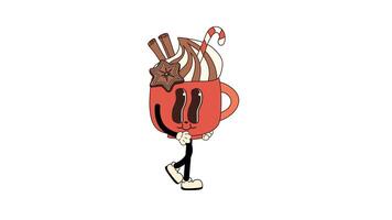 Christmas Hot Cocoa Cup Character with Marshmallows and Candy Cane. Walking Loop Animation. Alpha channel transparency video