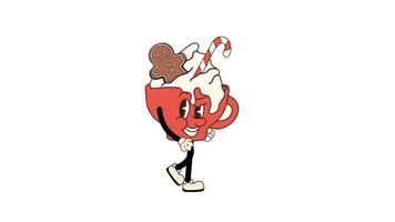 A retro cartoon cup of hot chocolate with marshmallows and a candy cane, designed as a Christmas mascot character. Walking Loop Animation. Alpha channel transparency video