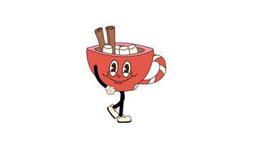 Festive Hot Cocoa Cup Mascot with Marshmallows and Candy Cane. Walking Loop Animation. Alpha channel transparency video