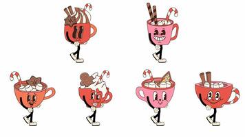 Set of Festive Hot Cocoa Cup Mascots Walking Loop Animation video