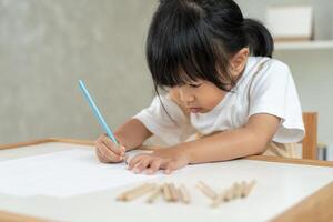 Happy Asian children learning and enjoy paint. family is happy and excited in the house. Mother and daughter having fun spending time together. Holiday, Activity, Executive Function, IQ, EQ photo