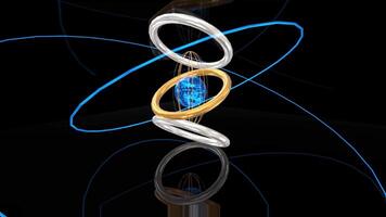 Visual representation of energy fields surrounding a planet with luminous rings in a dark environment video