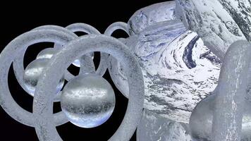 Abstract representation of intertwined shapes and spheres creating a mesmerizing visual experience in digital art video