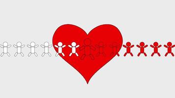 Stick figures transition through a red heart, changing from white to red, representing transformation and love video