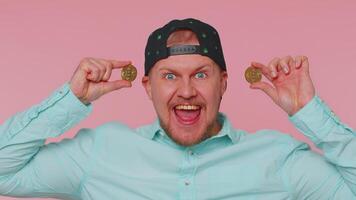 Man showing bitcoins btc, career wealth, cryptocurrency investment, mining future technology payment. video