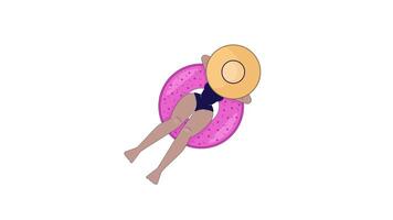 schwarz Frau entspannend auf Krapfen schweben oben Aussicht 2d Charakter Animation. Badebekleidung Braun gebrannt Mädchen schwebend auf aufblasbar Krapfen Ring animiert Person Karikatur 4k isoliert auf Weiß transparent video