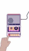 insertando casete dentro Años 80 estilo cinta jugador dibujos animados vertical animación. reversión música nostalgia. negro manos con retro reproductor de cintas animado plano 2d 4k aislado en blanco transparente video