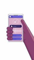 Black hand holding smartphone with music player app cartoon vertical animation. Mobile phone screen with play button, playlist, audio waveform animated flat 2D 4K isolated on white transparent video