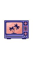 Retro TV with palm tree silhouette 2D cartoon vertical animation. Vintage television with tropical vibes. Broadcast nostalgia. Old technology animated flat colorful object 4K isolated on white video