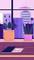 Cozy windowsill with notebook envelope beside potted plants lofi vertical animation background. Writing desk, urban window view. Lo fi 2D cartoon animated backdrop wallpaper 4k . Chill aesthetic video