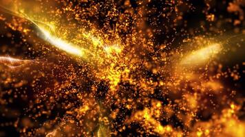 Bright golden bokeh lights with lightning bolts of electrical discharges create a deep and futuristic atmosphere of space. video