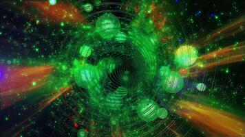 A glowing green tunnel of neon rings with a cosmic starry background creating a futuristic and sci-fi look. video
