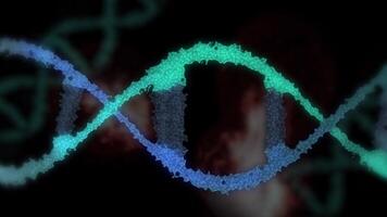 An animation of the DNA double helix structure in silver and neon blue, showing its twisted ladder structure in looping motion. video