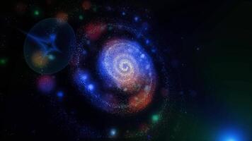 A bright, fiery blue, three-dimensional spiral galaxy quickly and dramatically changes position, appearing before us in beautiful, unexpected angles. video