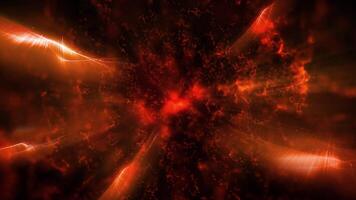 Bright red bokeh lights with lightning bolts of electrical discharges create a deep and futuristic atmosphere of space. video