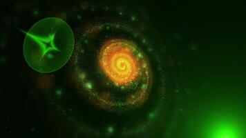 A bright, fiery green, three-dimensional spiral galaxy against a green background quickly and dramatically changes position, appearing before us in beautiful, unexpected angles. video