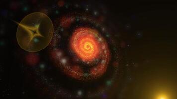 A bright, fiery orange, three-dimensional spiral galaxy quickly and dynamically changes its position, appearing before us in beautiful, unexpected angles. video