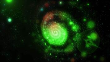 A bright, fiery green, three-dimensional spiral galaxy quickly and dramatically changes position, appearing before us in beautiful, unexpected angles. video