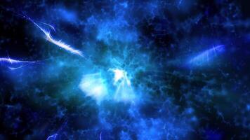 Bright blue bokeh lights with lightning bolts of electrical discharges create a deep and futuristic atmosphere of space. video