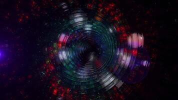 A glowing golden tunnel of neon rings against a backdrop of sparkling multi-colored space stars creates a futuristic, sci-fi look. video
