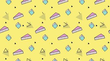 Retro cake pattern a cheerful and vibrant seamless pattern featuring retro styled cake slices geometric triangles and small squares on a yellow background. Perfect for 90s themed designs. video