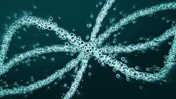 Seamless loop animation of spinning abstract structure made of glowing bubbles on a dark background. DNA strand composed of bright spheres. Science fiction wallpaper for art and technology. 4K 60fps video