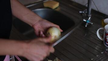 Peeling onions in a kitchen sink while preparing for dinner in a cozy home environment video
