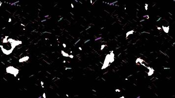 Abstract animation featuring dynamic white amorphous shapes and vibrant trails of colored particles against a black background, perfect for motion graphics or visual effects. video