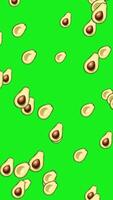 Animated pattern of cartoon avocado halves, some with pits and some without, falling or floating dynamically on a vibrant green screen background. Perfect for food, healthy eating, or tropical themes. video