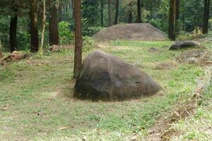 A large rock in the middle of a field photo
