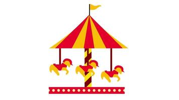 A red and yellow striped tent encases a carousel, showcasing the heart of a traditional fairground ride in a playful, graphic design format video