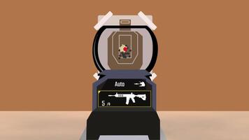 A sight reticle aims directly at a single brown target against a tan wall, simulating a focused shooting practice environment video