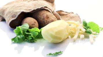 Potatoes in a sack and sliced into strips on a white background video