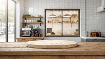 A kitchen counter with a wooden table in front of it photo